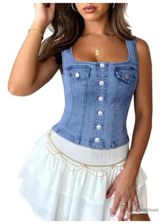 Tops - Women's Sleeveless Denim Vest Top Square Neck Cotton Stretch Casual